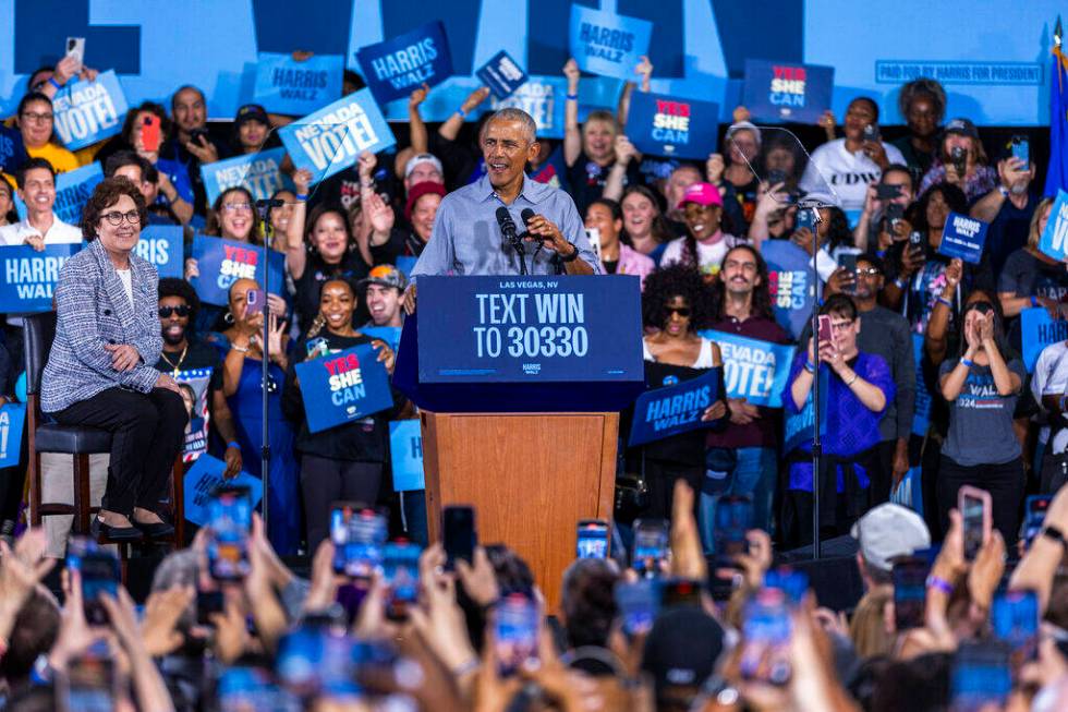 Former President Barack Obama speaks on behalf of the Harris-Walz campaign at Cheyenne High Sch ...