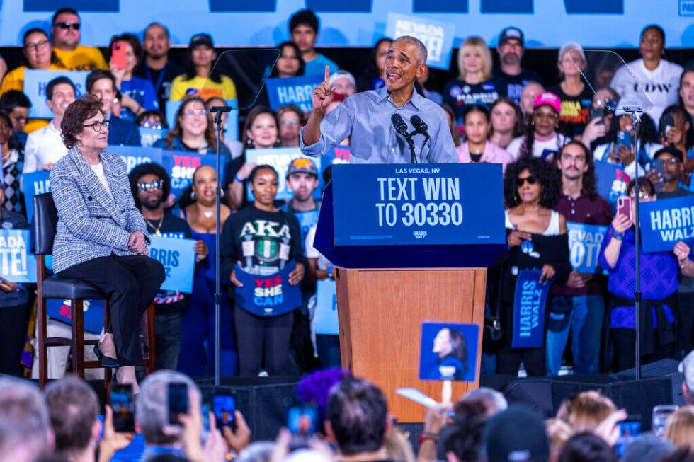 Former President Barack Obama speaks on behalf of the Harris-Walz campaign at Cheyenne High Sch ...