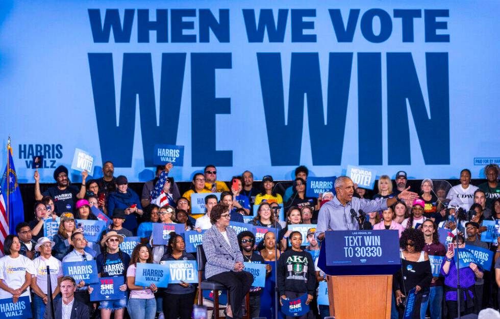 Former President Barack Obama speaks on behalf of the Harris-Walz campaign at Cheyenne High Sch ...