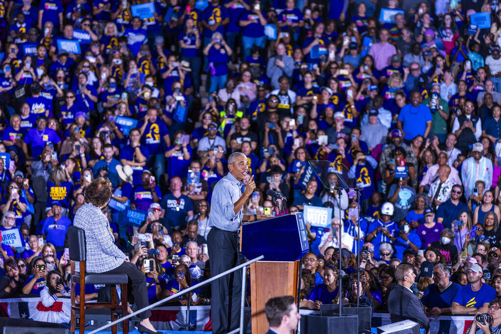 Former President Barack Obama speaks on behalf of the Harris-Walz campaign at Cheyenne High Sch ...