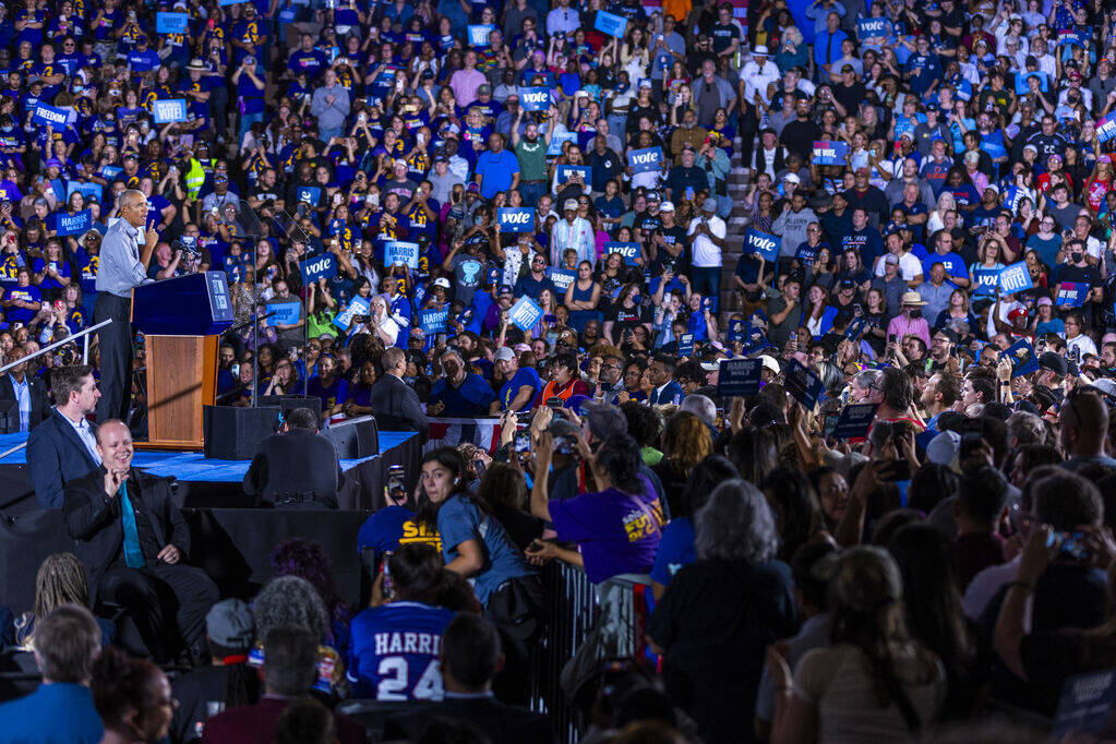 Former President Barack Obama speaks on behalf of the Harris-Walz campaign at Cheyenne High Sch ...