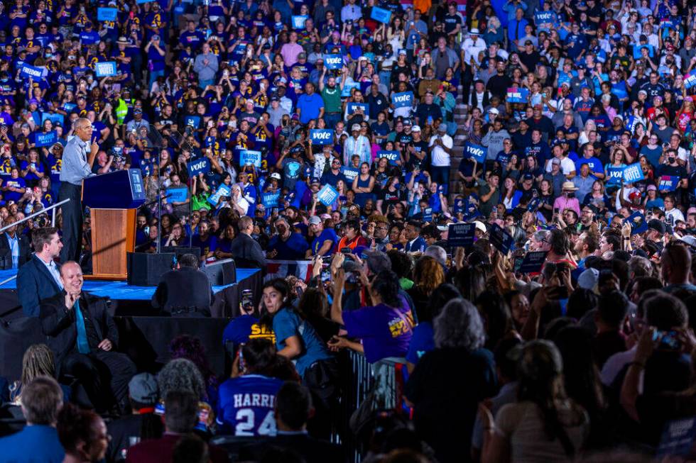 Former President Barack Obama speaks on behalf of the Harris-Walz campaign at Cheyenne High Sch ...