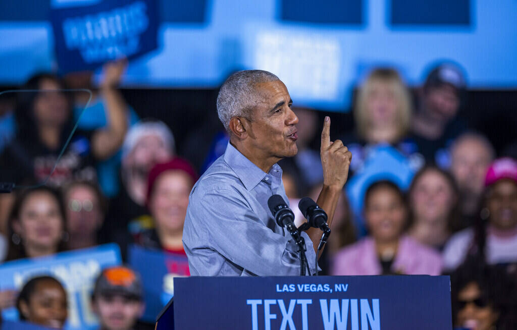 Former President Barack Obama speaks on behalf of the Harris-Walz campaign at Cheyenne High Sch ...