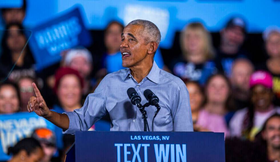 Former President Barack Obama speaks on behalf of the Harris-Walz campaign at Cheyenne High Sch ...