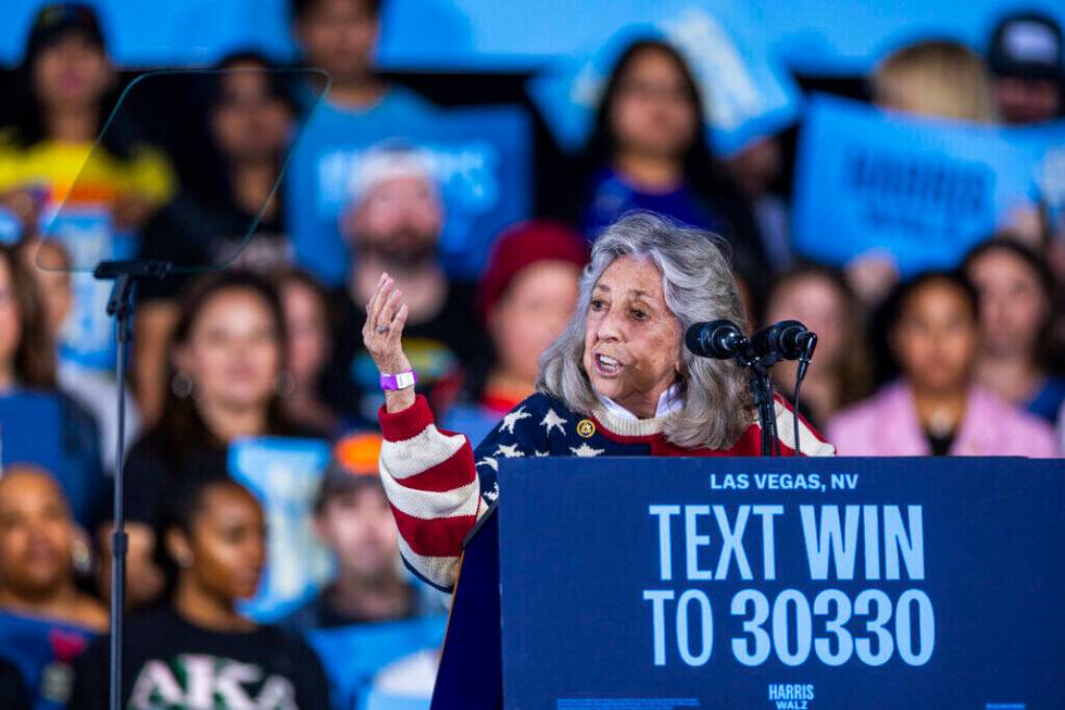 Congresswoman Dina Titus talks to the crowd about the upcoming election before Former President ...