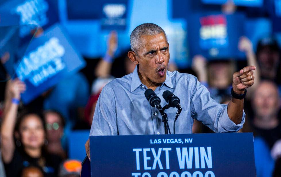 Former President Barack Obama speaks on behalf of the Harris-Walz campaign at Cheyenne High Sch ...