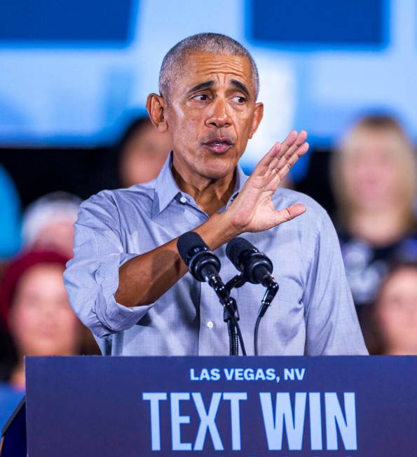 Former President Barack Obama speaks on behalf of the Harris-Walz campaign at Cheyenne High Sch ...