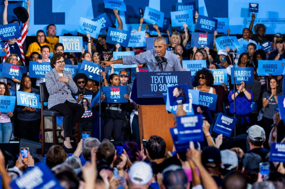 Former President Barack Obama tells the crowd to also vote for Senator Jacky Rosen as he speaks ...