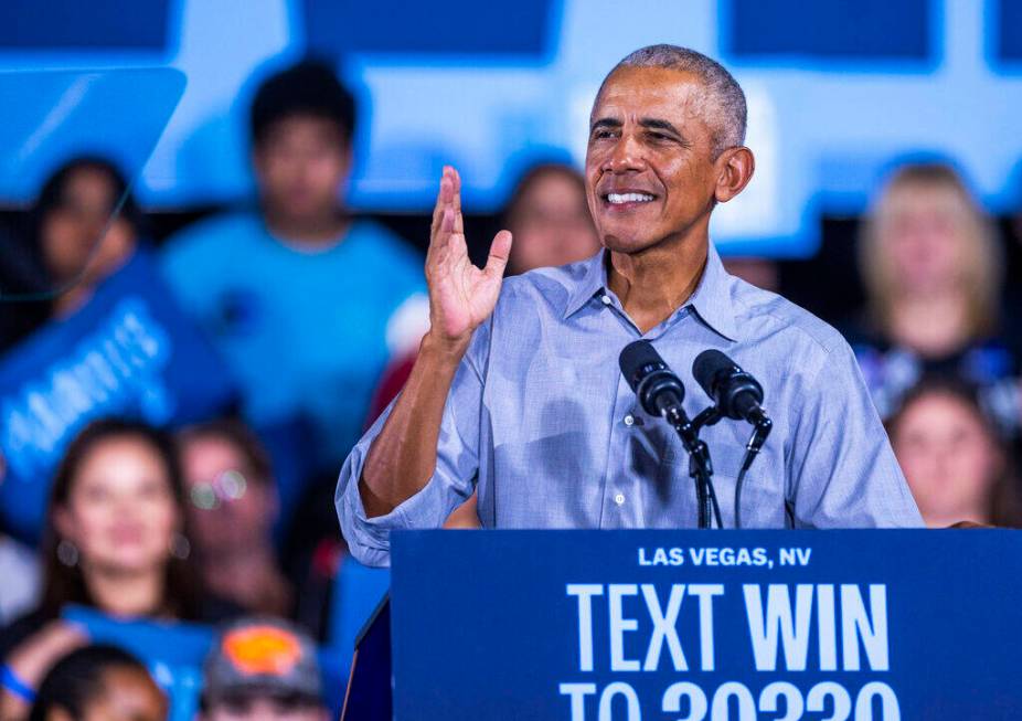 Former President Barack Obama speaks on behalf of the Harris-Walz campaign at Cheyenne High Sch ...