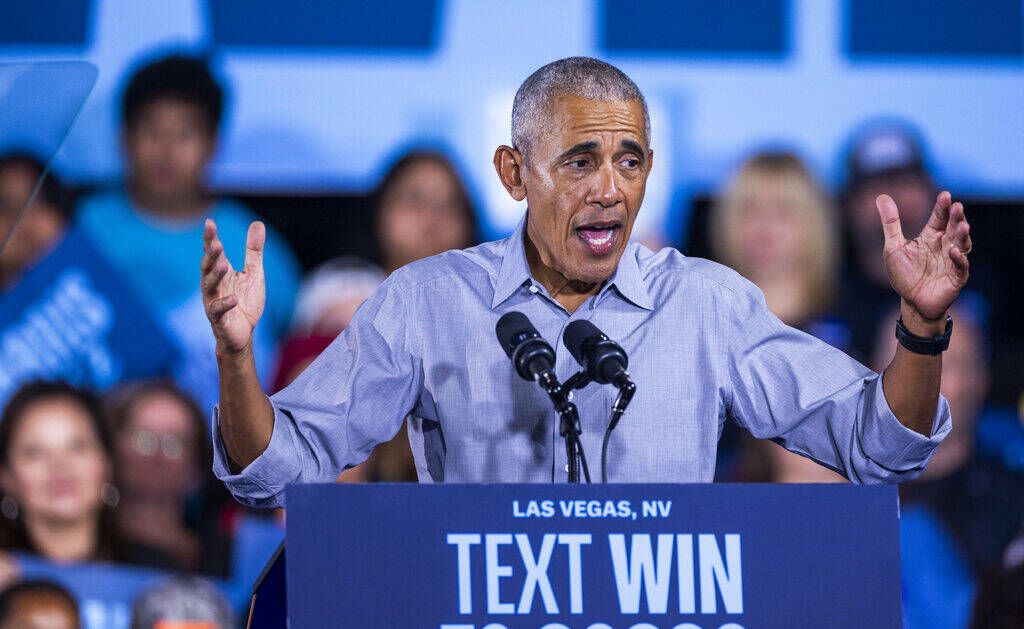 Former President Barack Obama speaks on behalf of the Harris-Walz campaign at Cheyenne High Sch ...