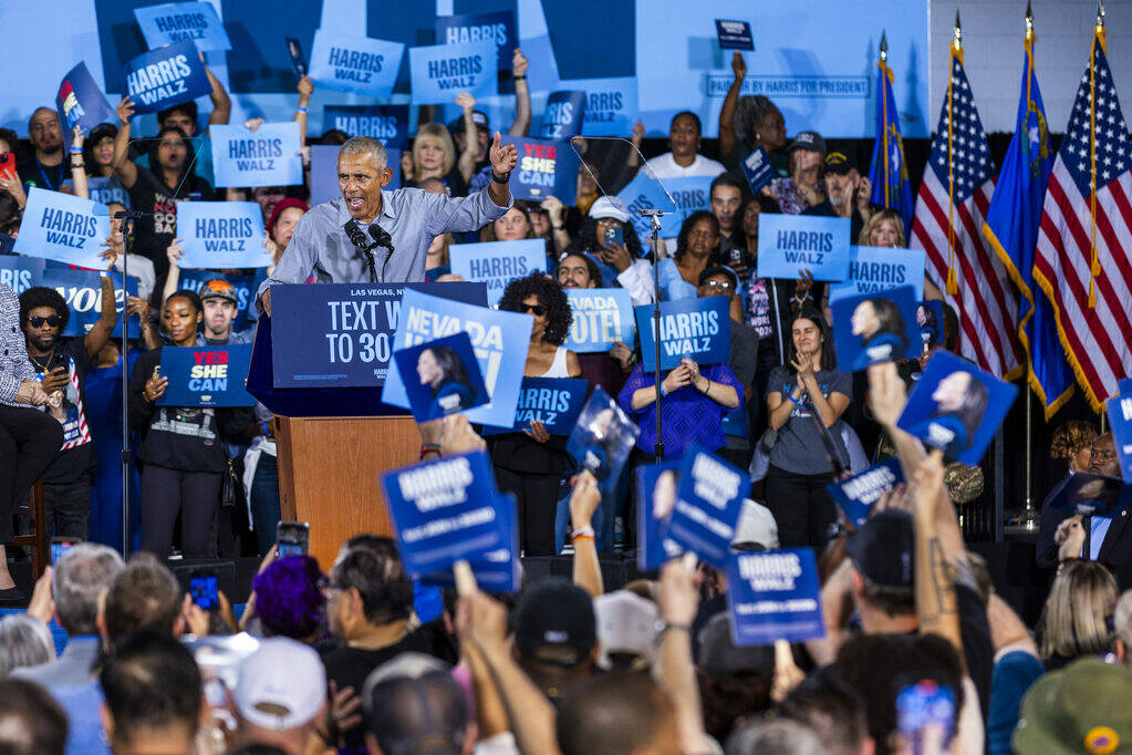 Former President Barack Obama speaks on behalf of the Harris-Walz campaign at Cheyenne High Sch ...