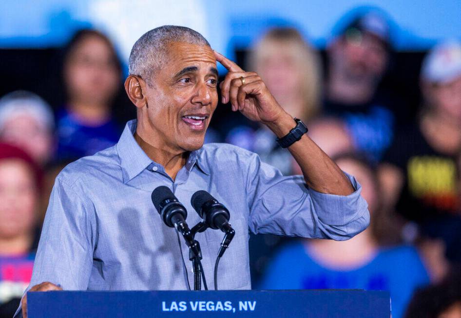 Former President Barack Obama speaks on behalf of the Harris-Walz campaign at Cheyenne High Sch ...