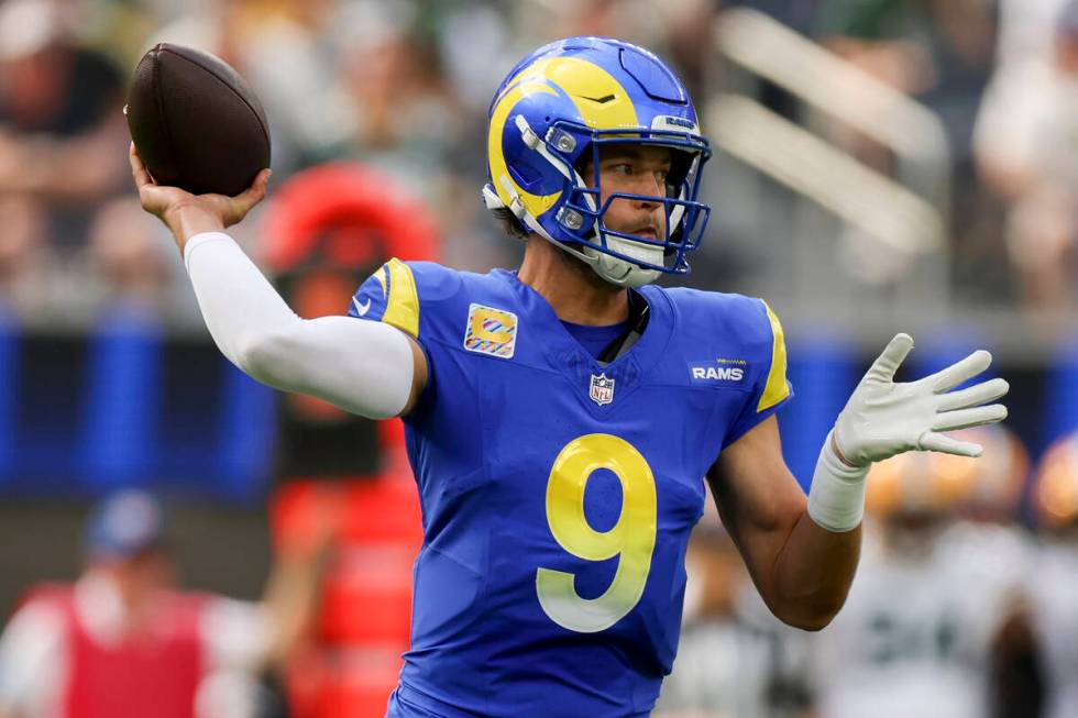 Los Angeles Rams quarterback Matthew Stafford throws during an NFL football game Sunday, Oct. 6 ...