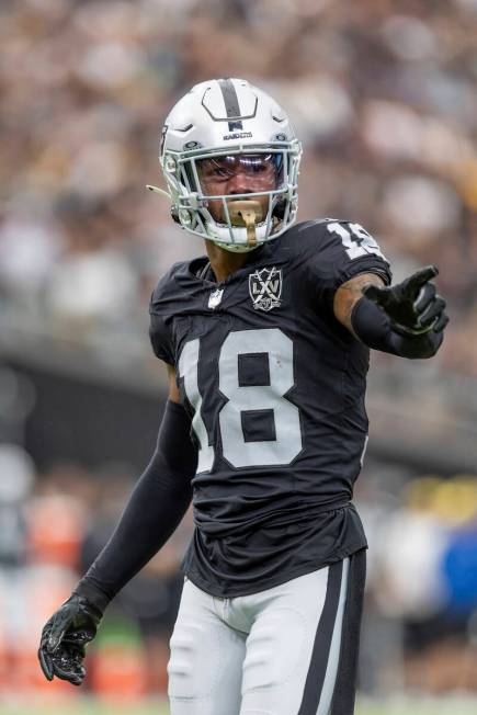 Las Vegas Raiders cornerback Jack Jones (18) against the Pittsburgh Steelers in an NFL football ...