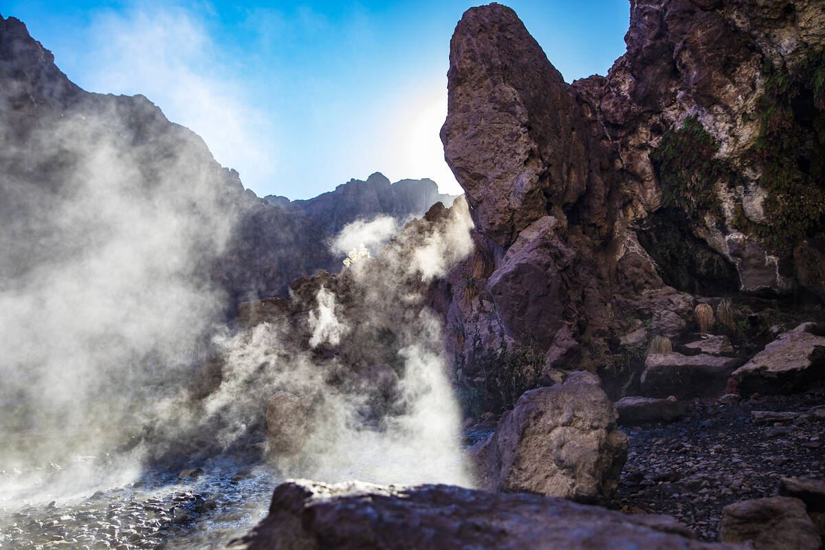 Steam from the Gold Strike Hot Springs along the Colorado River, Saturday, Dec. 5, 2020. Kayaks ...