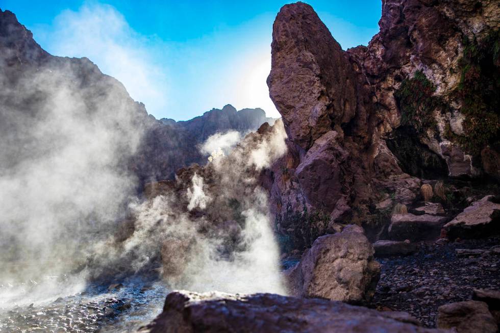 Steam from the Gold Strike Hot Springs along the Colorado River, Saturday, Dec. 5, 2020. Kayaks ...