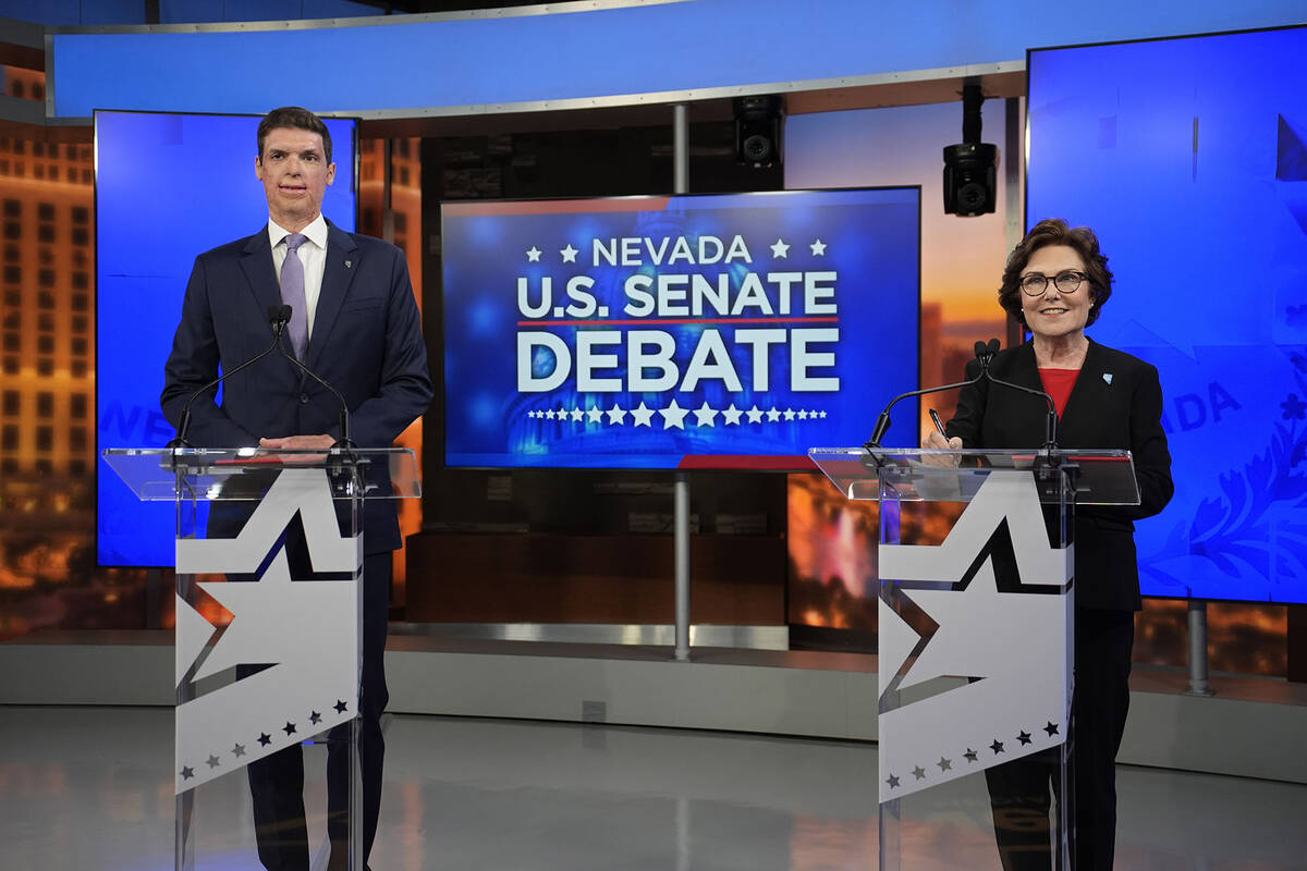 Republican senatorial candidate Sam Brown, left, and Sen. Jacky Rosen, D-Nev., stand in a tv st ...