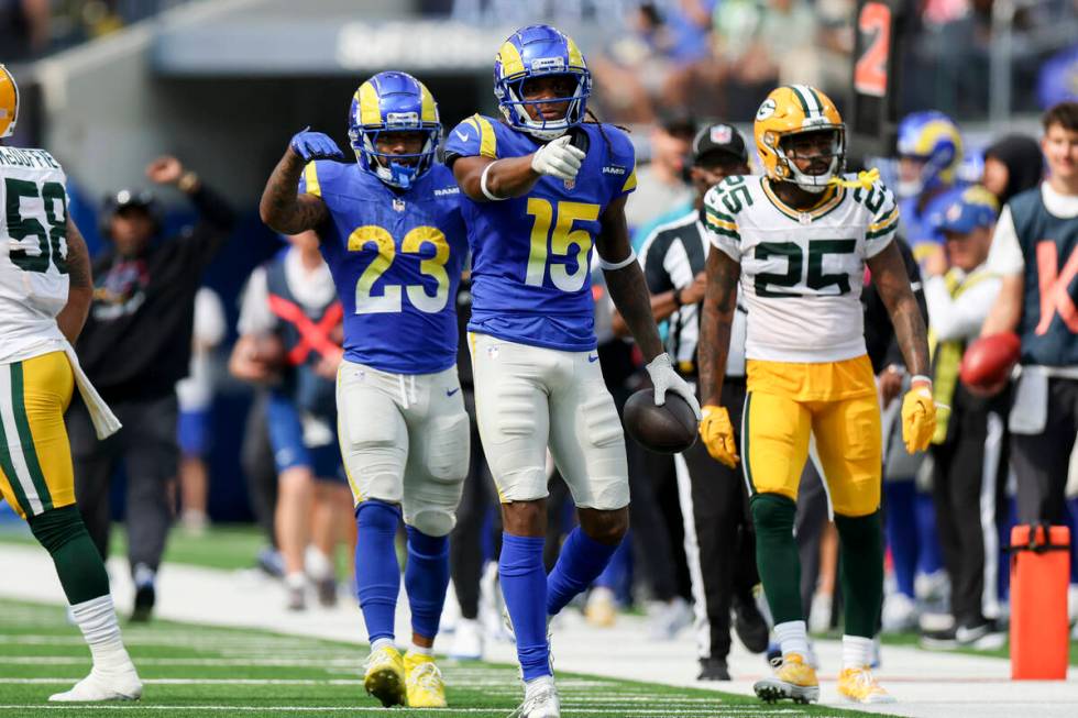 Los Angeles Rams wide receiver Demarcus Robinson (15) and Los Angeles Rams running back Kyren W ...