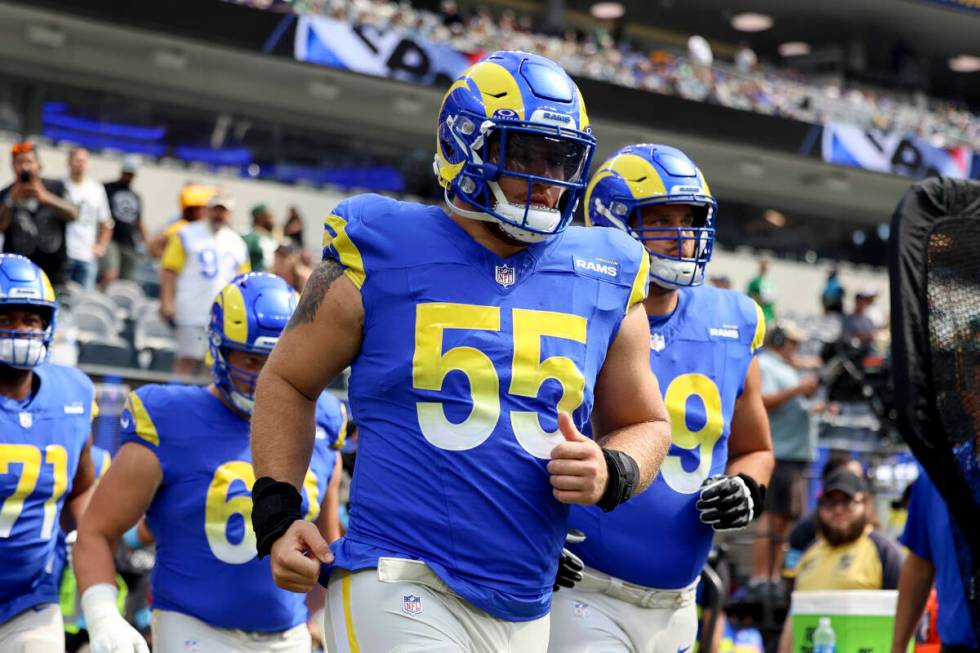 Los Angeles Rams defensive tackle Braden Fiske enters the field before an NFL football game aga ...