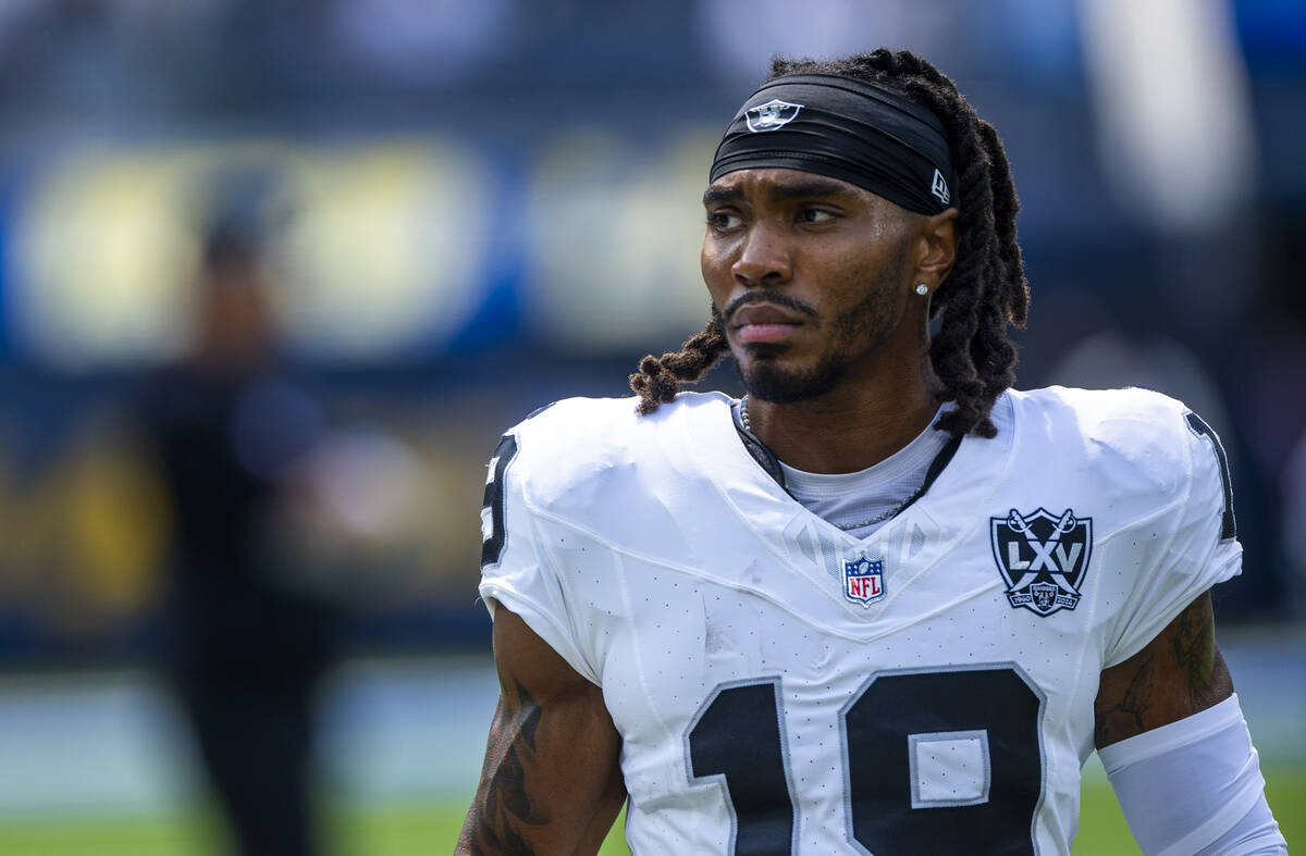 Raiders wide receiver DJ Turner (19) looks up the field as they warm up to face the Los Angeles ...