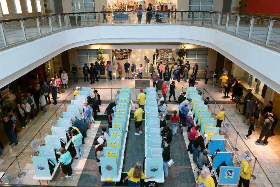 Hundreds of voters take part in early voting Saturday, October 19, 2024, a the Galleria Mall in ...