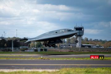 In this photo released by U.S. Air National Guard, a U.S. Air Force B-2 Spirit stealth bomber t ...