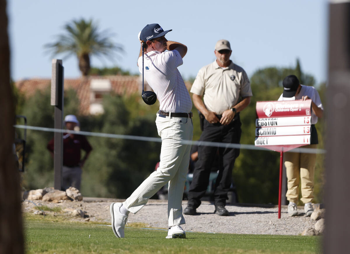 J. T. Poston watches his tee shot on the 5th hole during the third round of the Shriners Childr ...