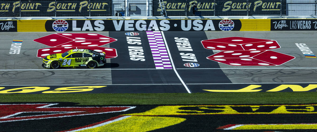 William Byron (24) passes the start/finish line during the NASCAR Cup Series practice session f ...