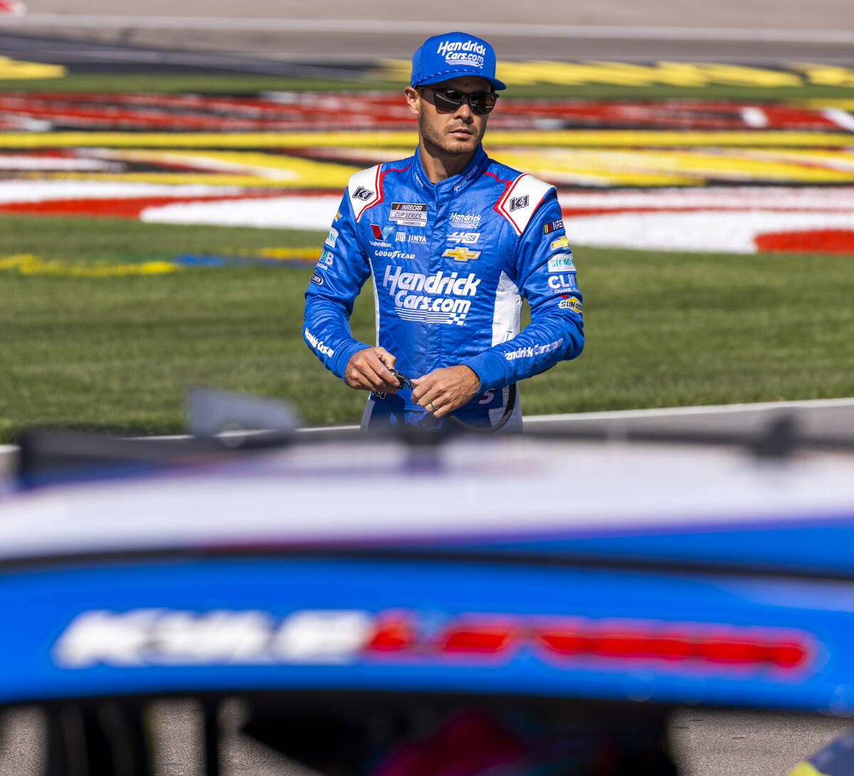 Kyle Larson (5) approaches his car for the NASCAR Cup Series practice session for the South Poi ...