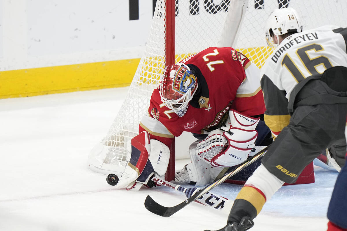 Vegas Golden Knights left wing Pavel Dorofeyev (16) attempts a shot at Florida Panthers goalten ...