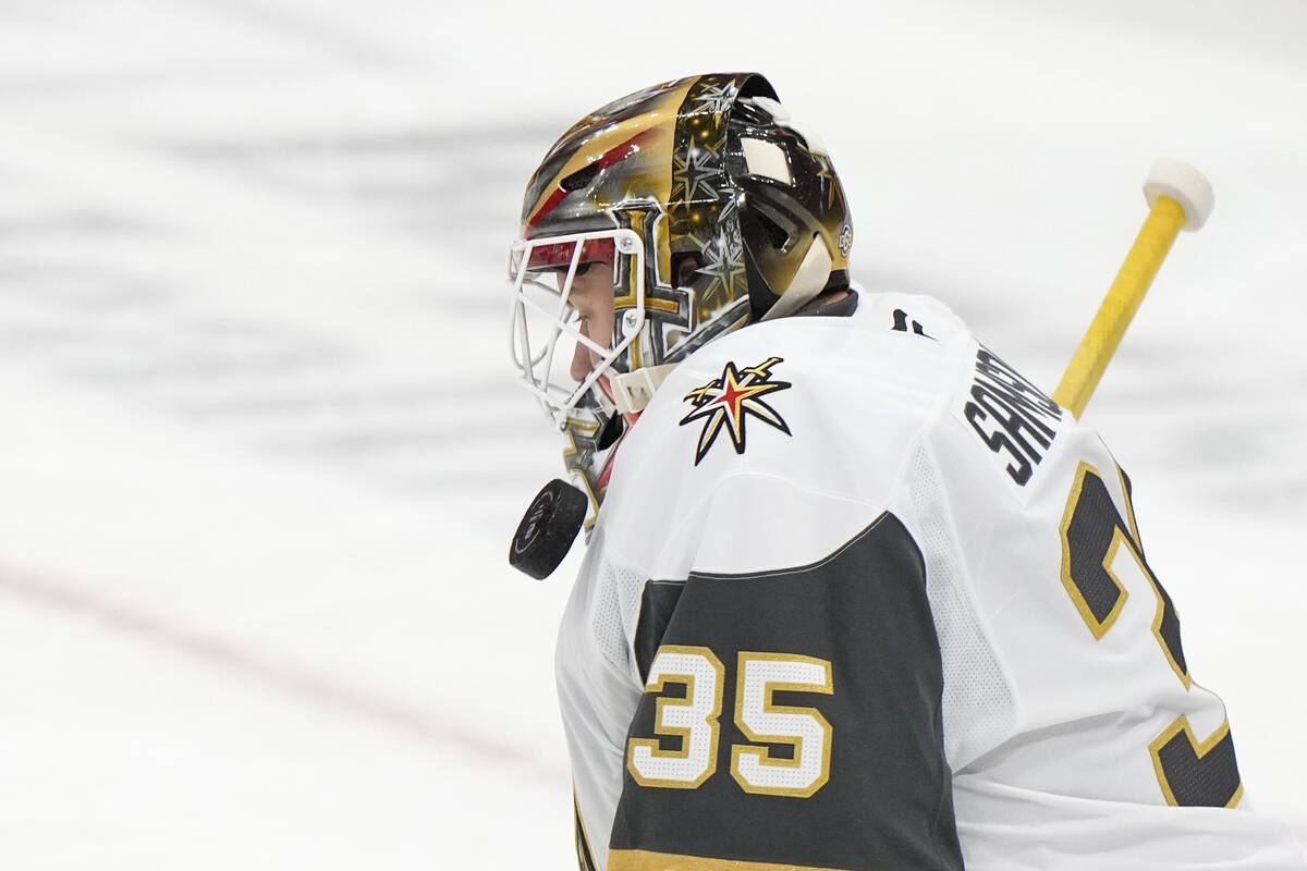 Vegas Golden Knights goaltender Ilya Samsonov deflects a puck during the second period of an NH ...