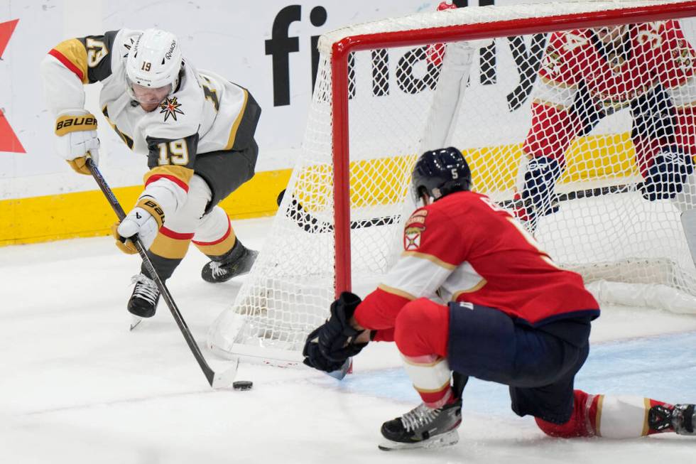 Vegas Golden Knights center Brendan Brisson (19) attempts a shot around the net against Florida ...