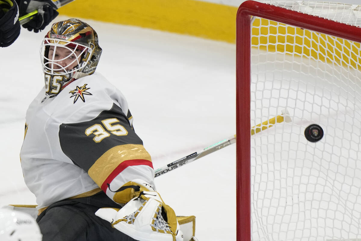 Vegas Golden Knights goaltender Ilya Samsonov (35) watches as a shot by Florida Panthers defens ...