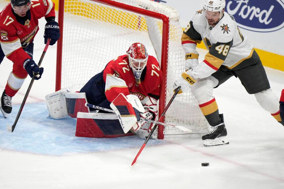 Vegas Golden Knights center Tomas Hertl (48) attempts a shot against Florida Panthers goaltende ...