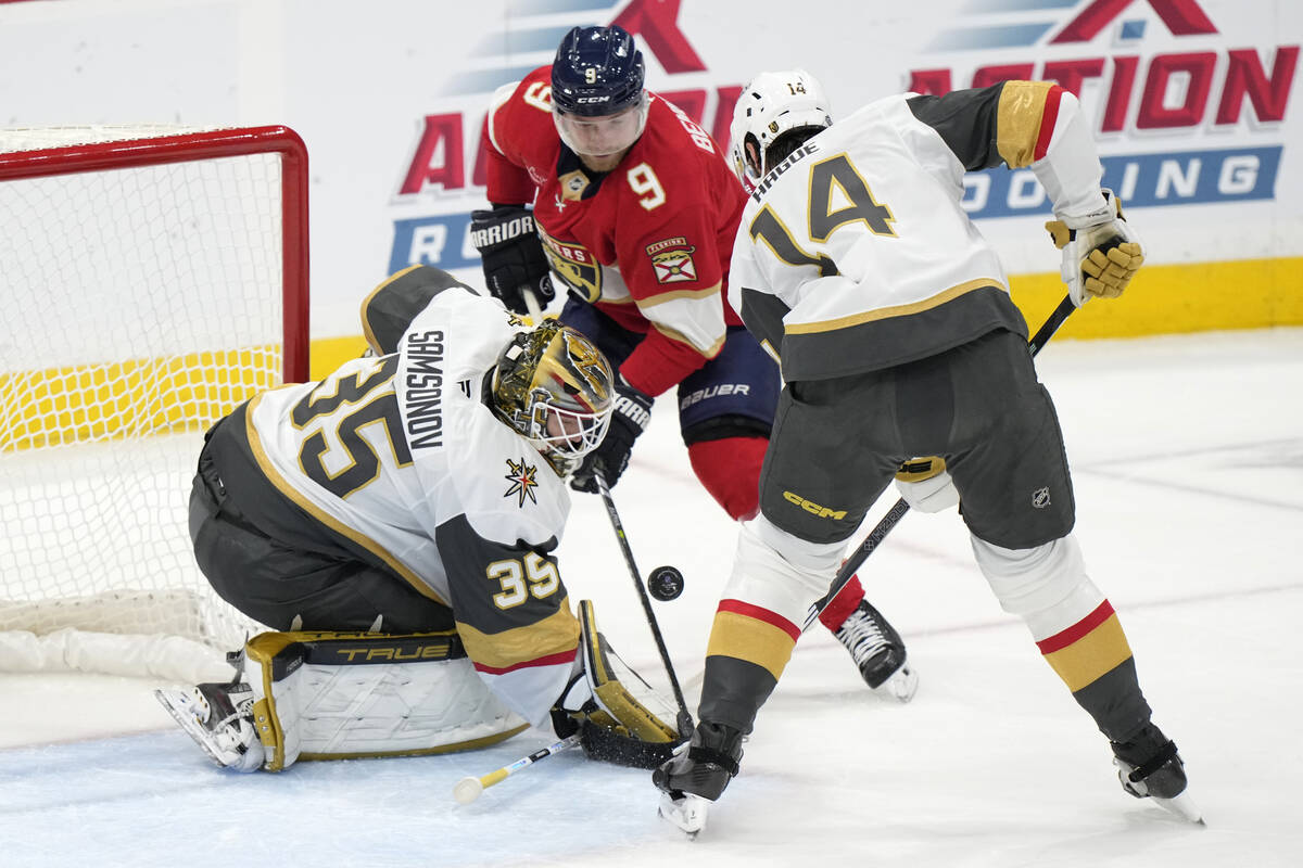 Florida Panthers center Sam Bennett (9) attempts a shot against Vegas Golden Knights goaltender ...