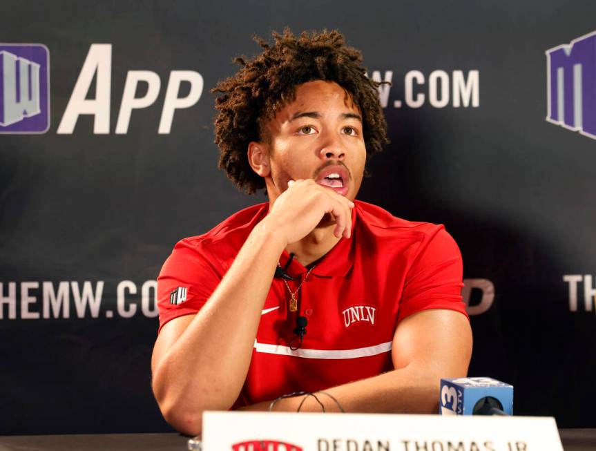 UNLV Rebels guard Dedan Thomas Jr. speaks during the Mountain West Conference men's basketball ...