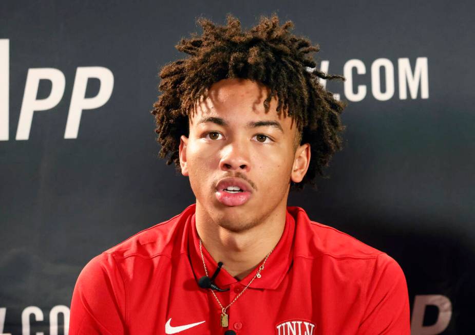 UNLV Rebels guard Dedan Thomas Jr. speaks during the Mountain West Conference men's basketball ...