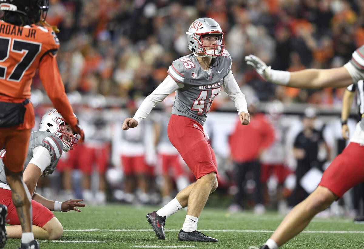 UNLV place kicker Caden Chittenden (45) kicks his second field goal during the first half of an ...