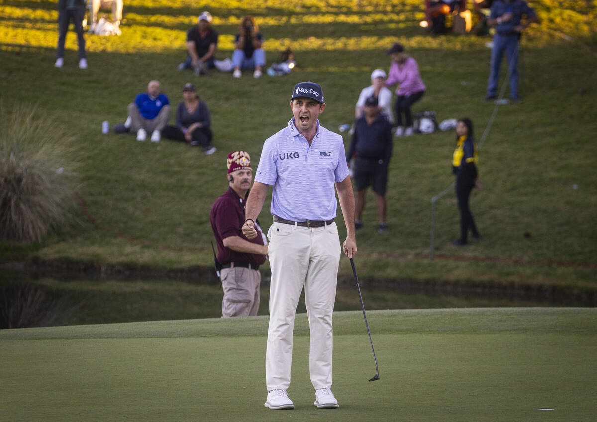 J.T. Poston reacts following his putt shot at the 18th hole to win the Shriners Children’s Op ...