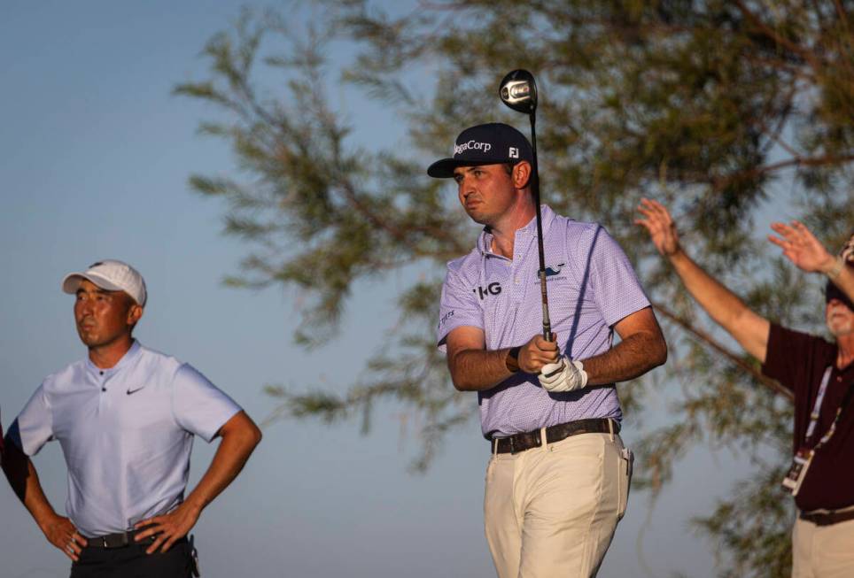 J.T. Poston watches his tee shot at the 18th hole during the final round of the Shriners Childr ...