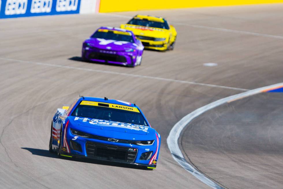 NASCAR driver Kyle Larson speeds along the track during the South Point 400 NASCAR Cup Series r ...