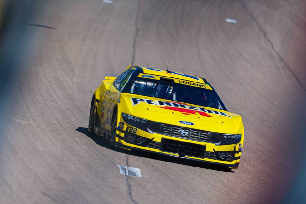 NASCAR driver Joey Logano races along the track during the South Point 400 NASCAR Cup Series ra ...