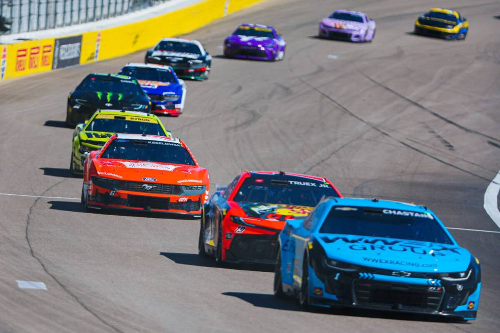 NASCAR drivers race along the track during the South Point 400 NASCAR Cup Series race at the La ...