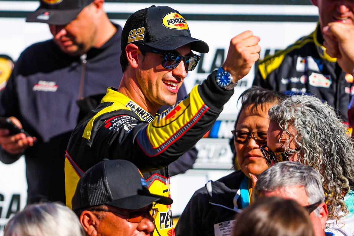 Joey Logano celebrates winning the South Point 400 NASCAR Cup Series race at the Las Vegas Moto ...