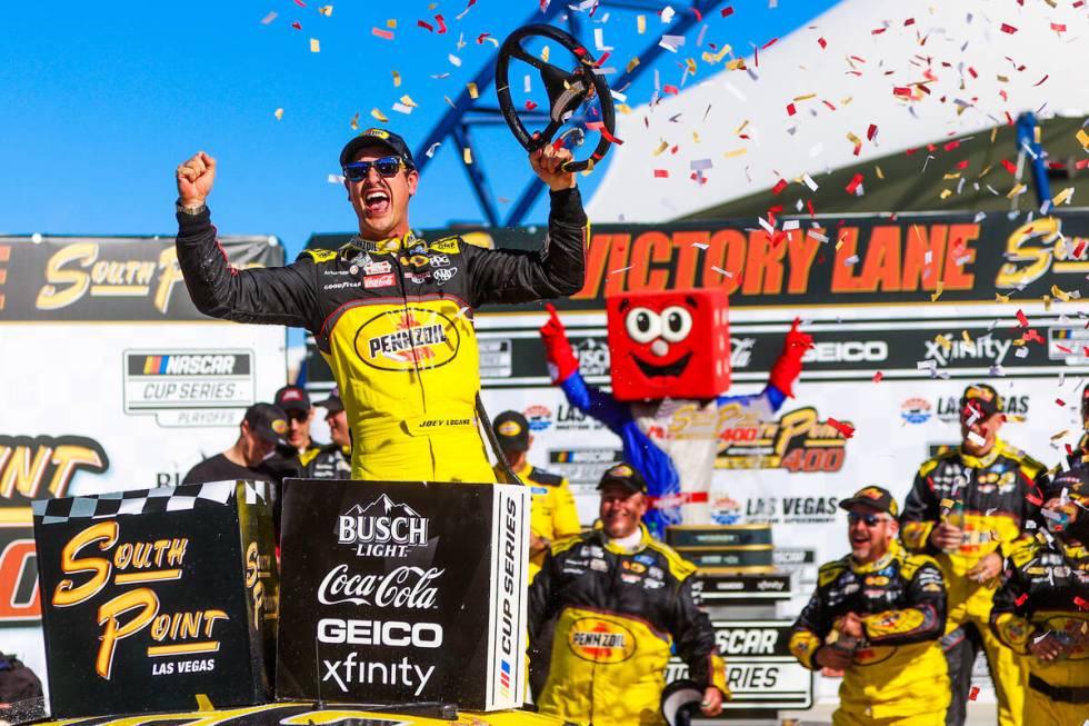 Joey Logano celebrates winning the South Point 400 NASCAR Cup Series race at the Las Vegas Moto ...