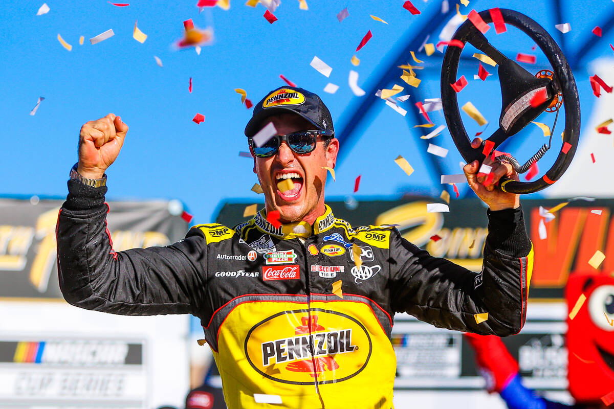 Joey Logano celebrates winning the South Point 400 NASCAR Cup Series race at the Las Vegas Moto ...