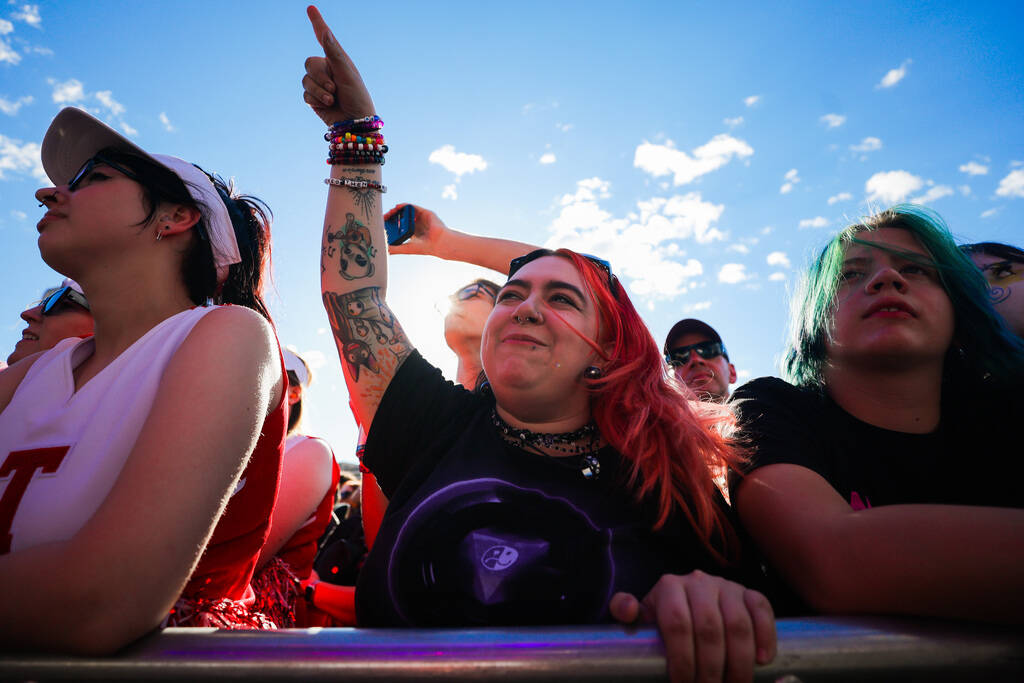 Festival attendees take in a Cobra Starship set during the When We Were Young music festival at ...