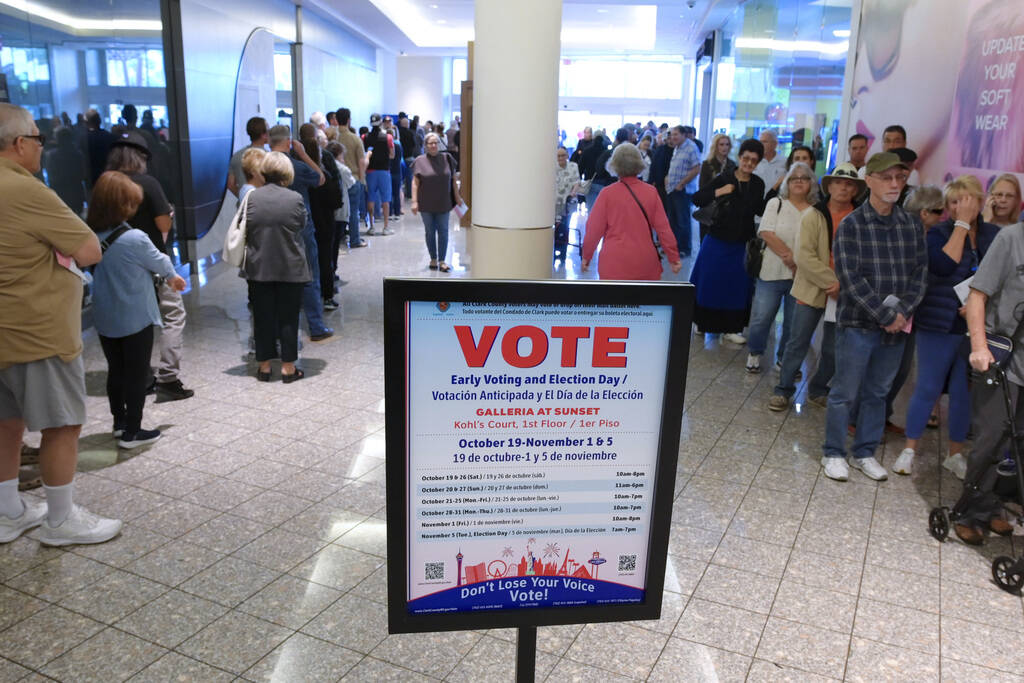 Hundreds of voters stand in line at the Galleria at Sunset mall to take part in early voting Sa ...