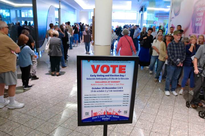 Hundreds of voters stand in line at the Galleria at Sunset mall to take part in early voting Sa ...