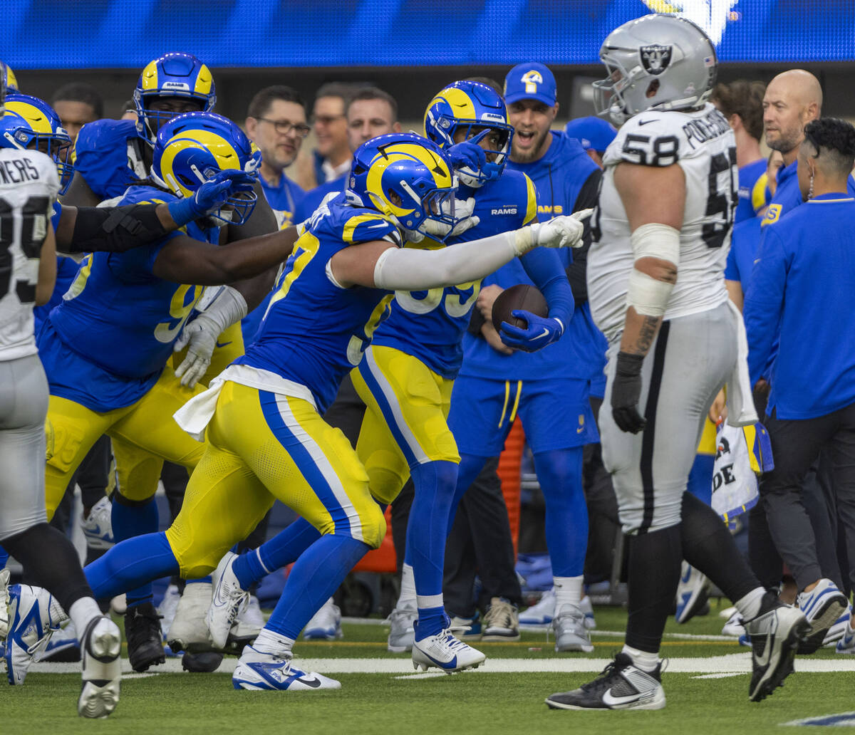 Raiders guard Jackson Powers-Johnson (58) walks past the Los Angeles Rams sideline after Rams s ...